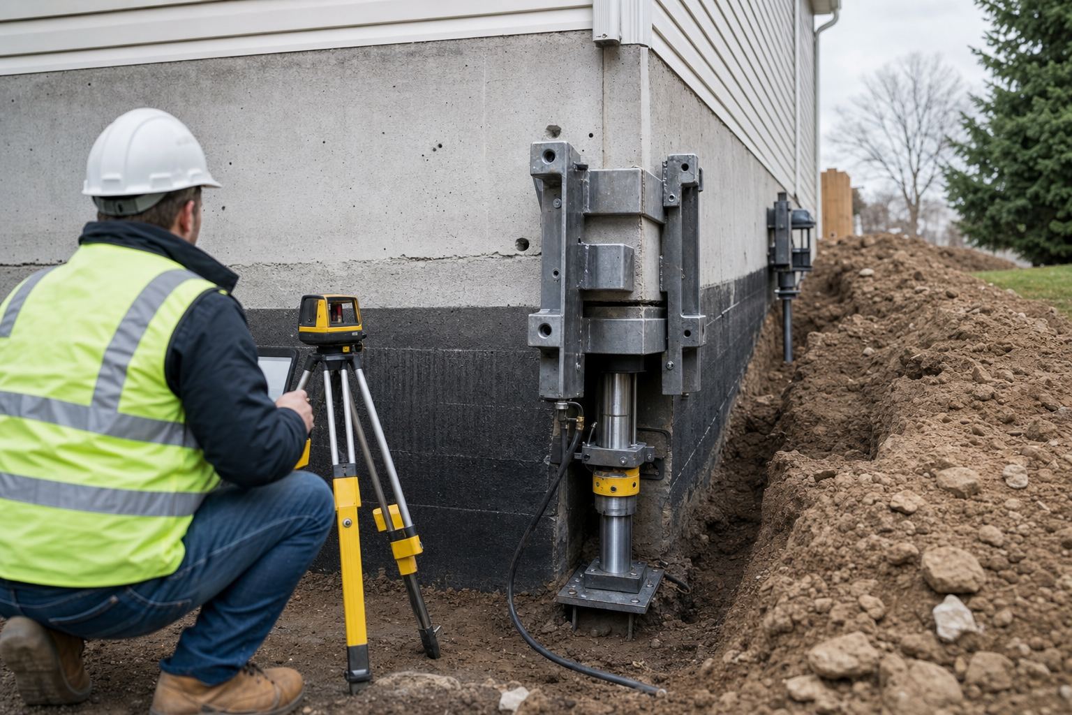 Foundation crew working beside an exposed footing and steel pier system at an Oklahoma property