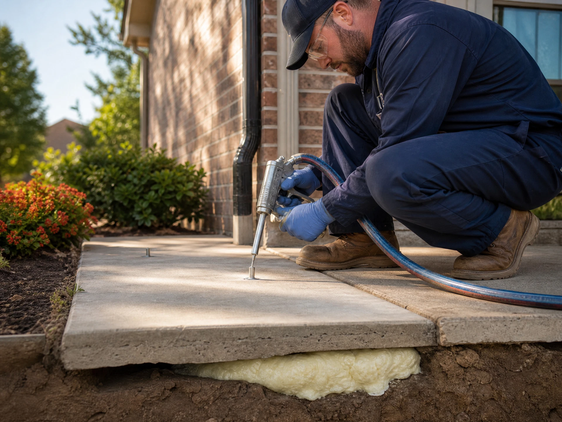 Technician injecting polyurethane foam through a small port to lift a settled concrete slab